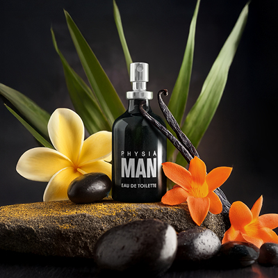 immagine del prodotto Profumo da uomo su sfondo scuro con foglie, fiori bianchi e arancioni e sassi neri 